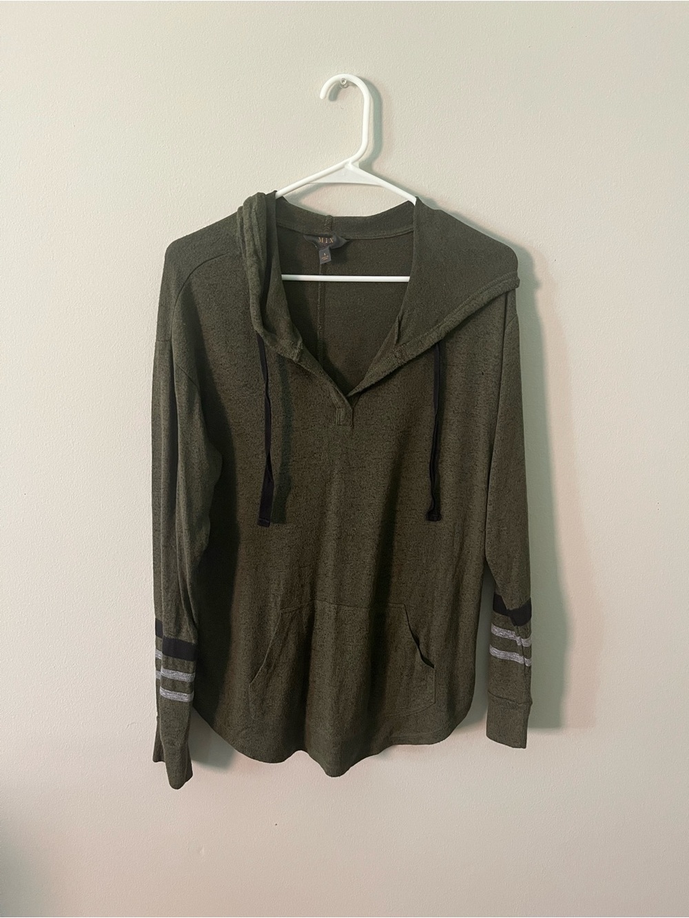 Mi Olive Green Hooded Scoop-Neck Sweater with Striped Sleeve Accents
